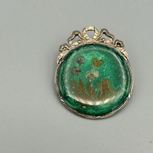 Antique Silver Plate Brooch Dried Flowers in Green Enamel Round Pin‎